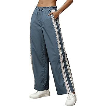Women Baggy Track Pants Lace Side Stripe Drawstring Elastic Waist Wide Leg Parachute Pants with P... | Amazon (US)