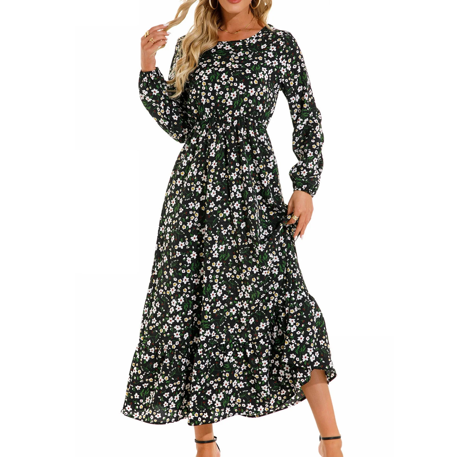 Hyknon Fall Dresses for Women 2025 Fashion Boho Floral Printed Round Neck Long Sleeve Maxi Dresse... | Walmart (US)