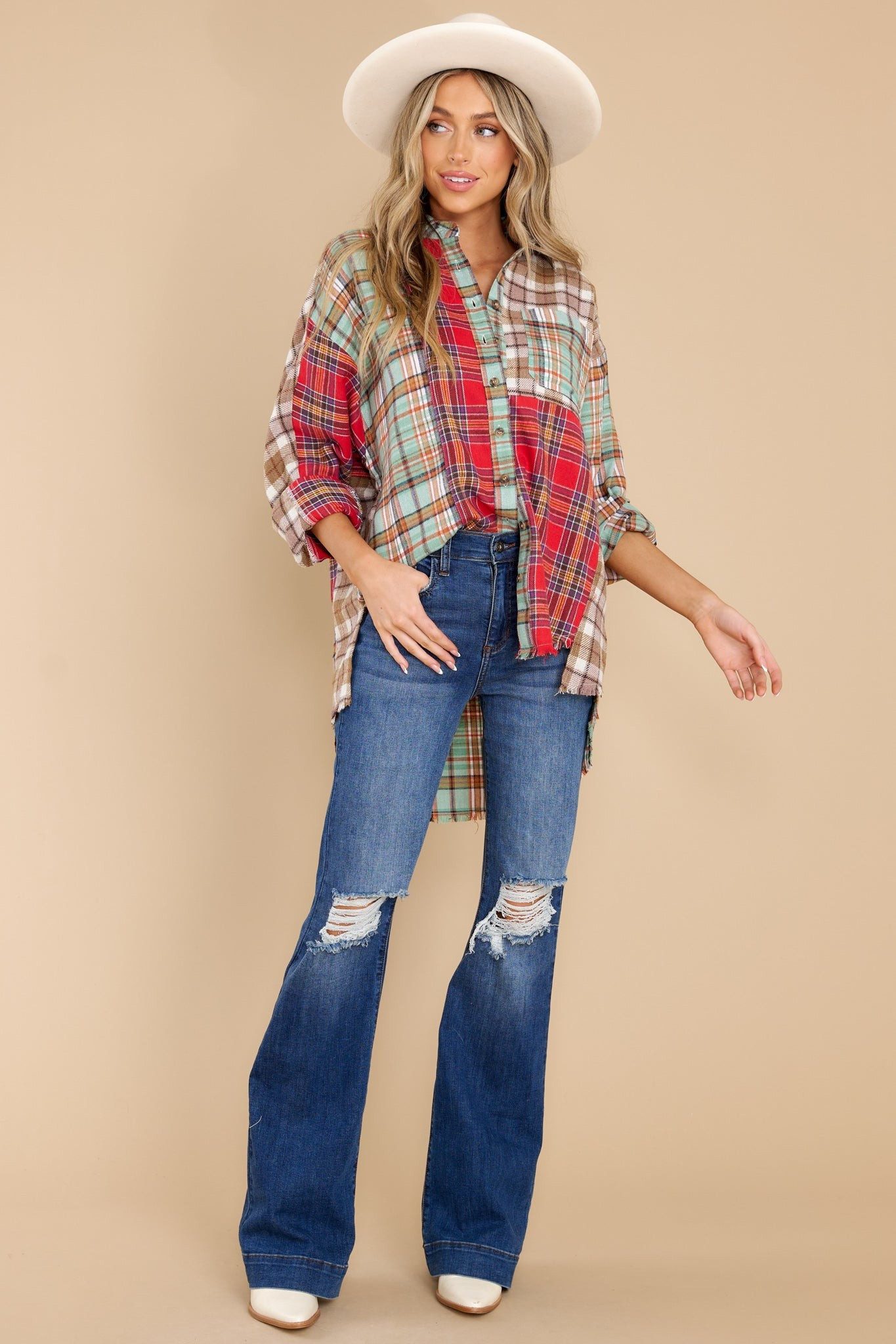 Genuine Article Light Green Plaid Top | Red Dress 