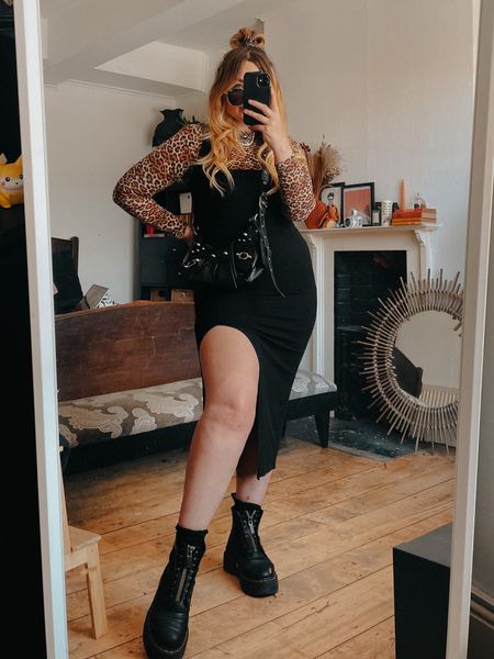 Recreating Pinterest alternative outfits. Black split leg dress with a leopard print long sleeve top, doc marten boots and a ego bag.

#LTKeurope #LTKSeasonal #LTKunder50