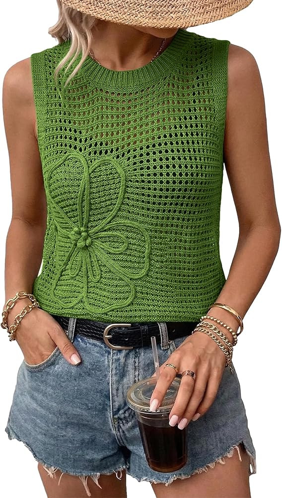 Women Summer Crochet Tank Tops Crewneck Sleeveless Hollow Out Knit Flower Sweater Vest Top Trendy... | Amazon (US)