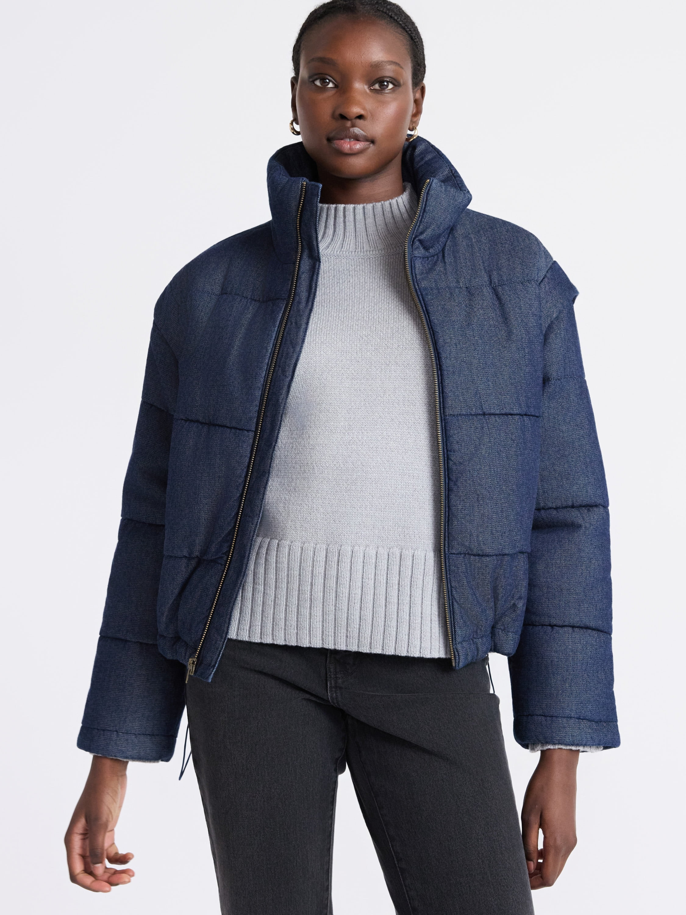 Free Assembly Women's and Women's Plus Short Denim Puffer Jacket, Sizes XS-4X | Walmart (US)