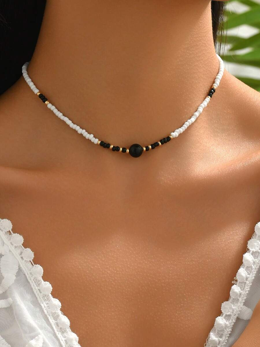 1pc Fashionable Minimalist Black & White Pearl, Black Glass Bead Necklace For Women, Suitable For... | SHEIN
