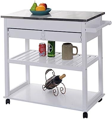 White Rolling Kitchen Trolley Cart Stainless Steel-Flip Top W/Drawers &Casters | Amazon (US)