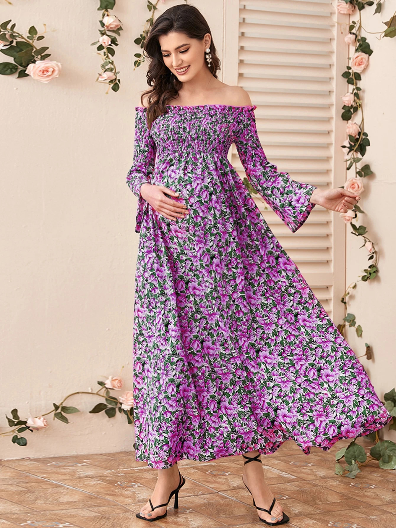 SHEIN Maternity Off Shoulder Frill Trim Shirred Detail Floral Dress | SHEIN