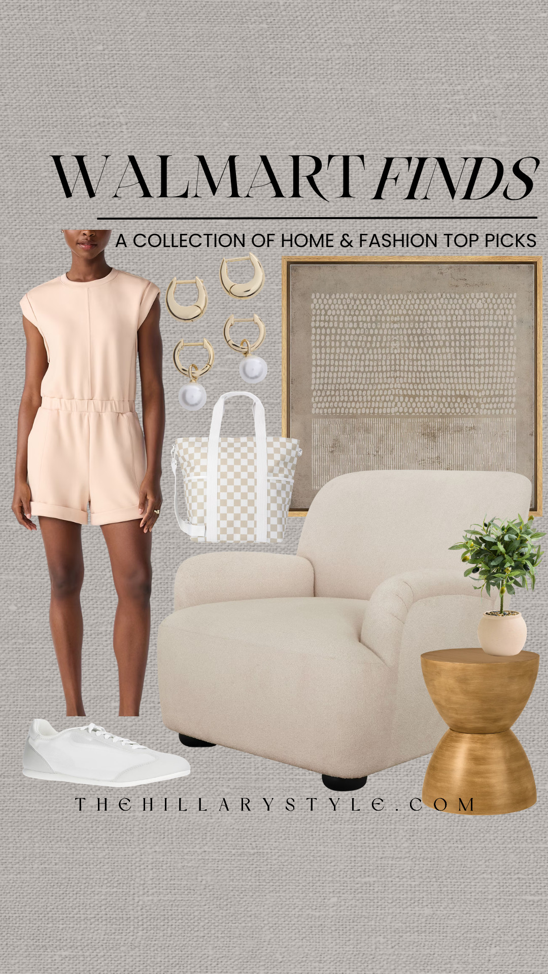 Walmart Summer Finds: Warm Neutrals & Casual Luxe
Elevate your everyday look and living space with these affordable new arrivals from Walmart. Nail the quiet luxury trend with this chic, peach-toned knit romper paired with clean white sneakers, pearl drop earrings, and a checkered tote bag. Complete the warm minimalist vibe at home with an ultra-cozy boucle armchair, textured wall art, and a wood accent table. 

 #TheHillaryStyle #WalmartFinds #WalmartStyle #WarmMinimalism #QuietLuxury #SummerFashion #NeutralAesthetic #HomeDecor #BoucleChair #LuxeForLess #CasualChic #OOTD 

#LTKootd #LTKSeasonal #LTKHome