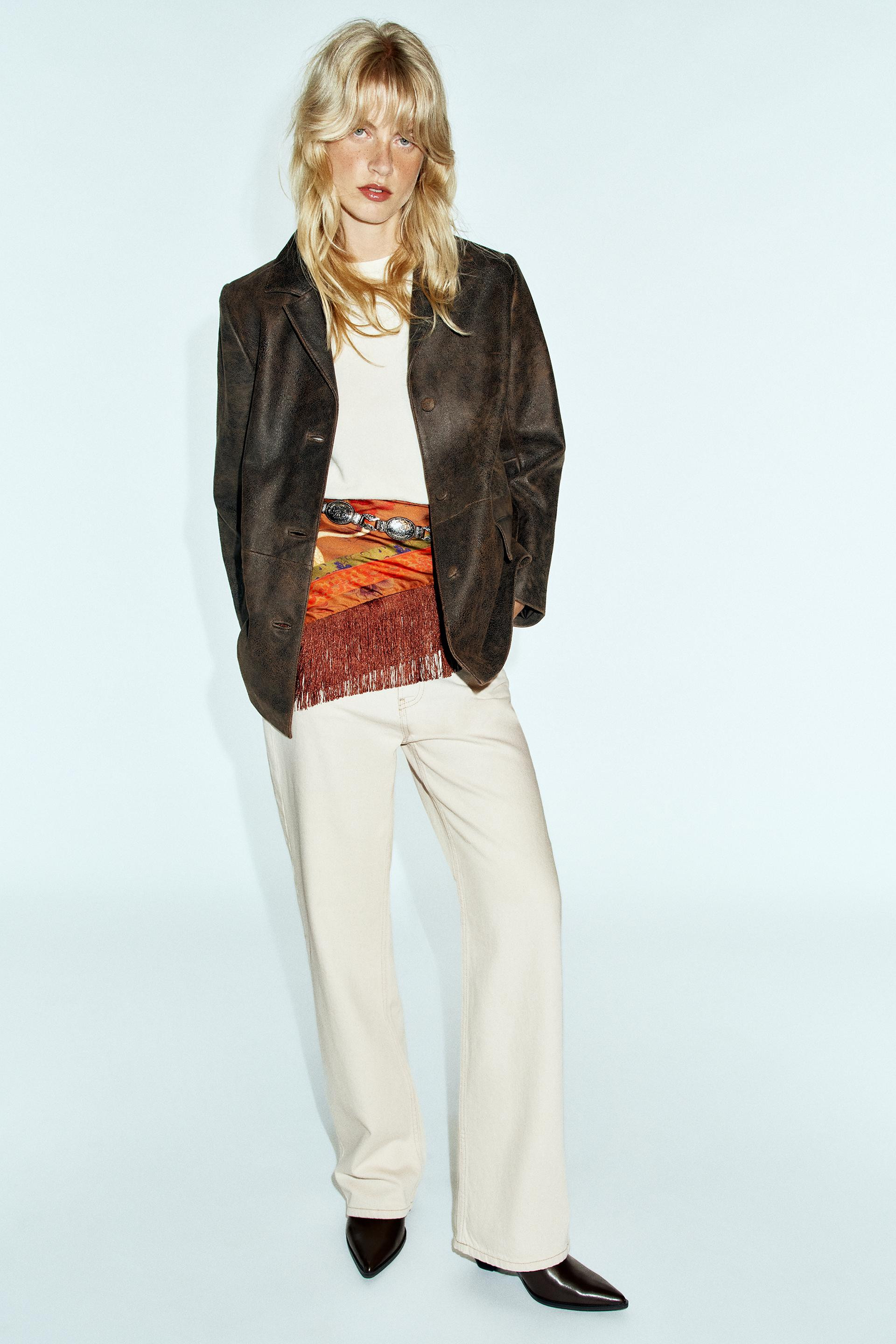 Zara - Distressed 100% Leather Jacket - Brown - L - Woman | Zara US