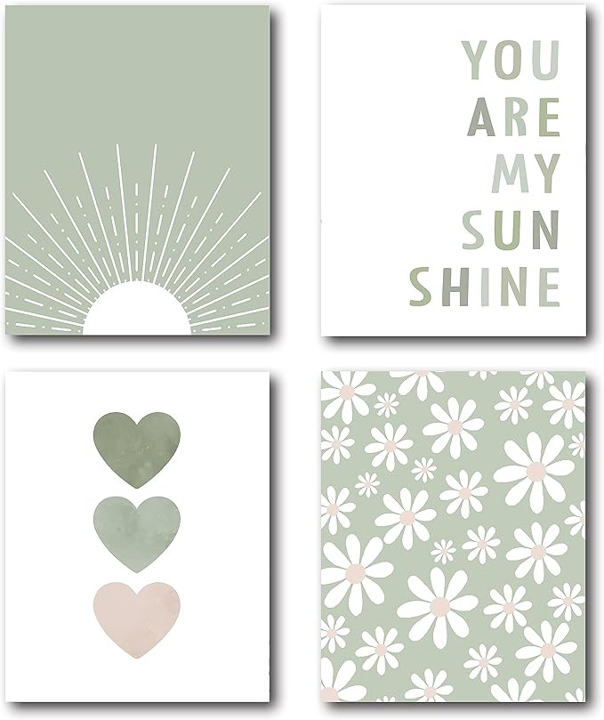 XWELLDAN Boho Sage Green Sun You Are My Sunshine Daisy Flower Heart Poster Wall Art Prints,Boho G... | Amazon (US)