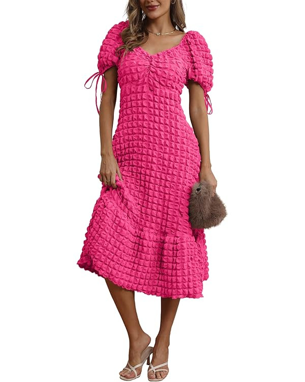 Locachy Womens Casual Summer Dresses 2024 Boho Short Sleeve V Neck Sundresses Backless Long Textu... | Amazon (US)