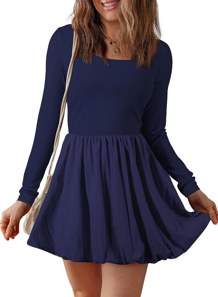 BLENCOT Dresses for Women Fall Long Sleeve Square Neck Bubble Party A Line Mini Dresses | Amazon (US)
