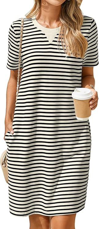 Glamaker Women Summer Tshirt Shift Dress Casual Striped Short Sleeve Crew Neck Knee Length Comfy ... | Amazon (US)