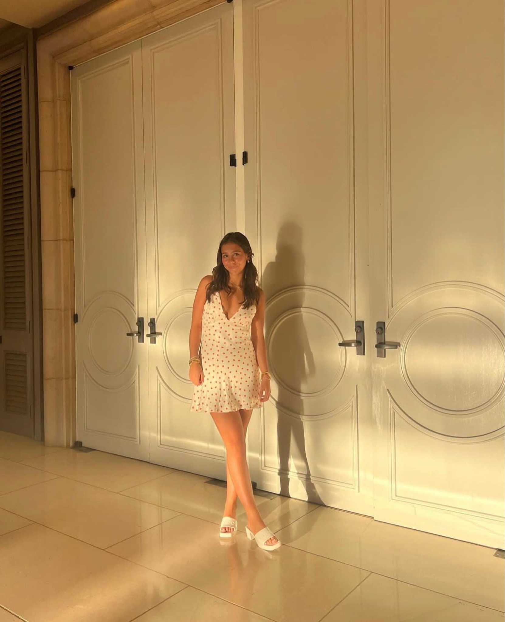 glowy summer night in the cutest slip silk v neck strawberry mini dress. originally from zara but found it on nordstrom rack bc it's not sold anymore! *seen on instagram feed*