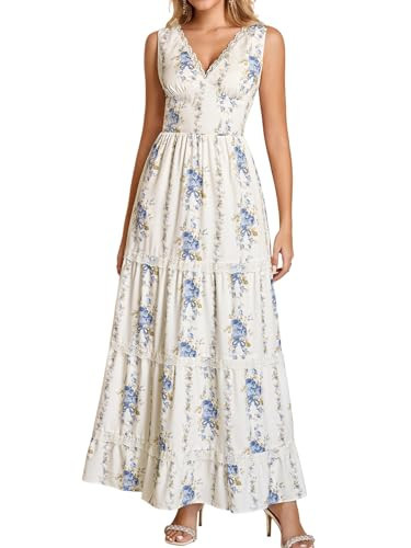 KUTUMAI Summer Lace Floral Wedding Guest Maxi Dresses for Women V Neck Corset Long Flowy Tea Party Dress BlueFloral XS | Amazon (US)