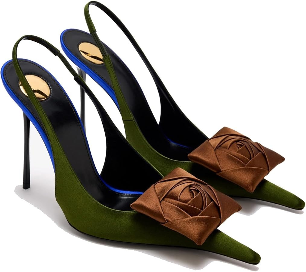 THESHY Women's Slingback High Heels Floral Appliqués Pointed Toe Slip On Satin Stiletto Pumps Fa... | Amazon (US)