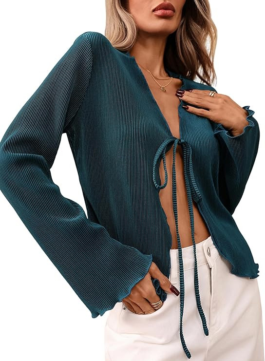 ZAFUL Women's Deep V Neck Tie Front Top Flare Sleeve Plisse Pleated Blouse Shirt Top Y2k Vintage ... | Amazon (US)