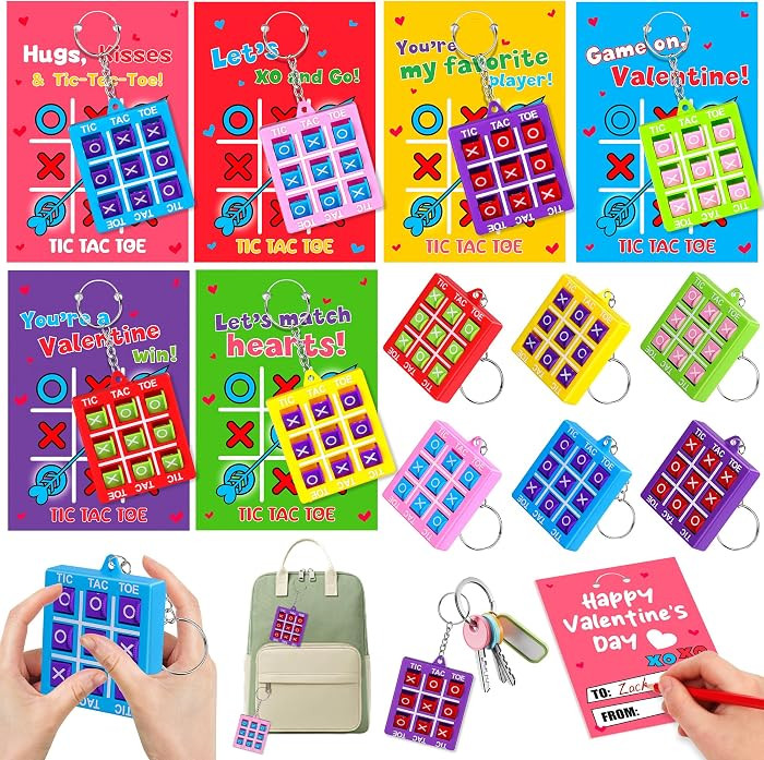 24 Pack Valentines Day Gifts for Kids Classroom Valentines Day Cards with Tic-Tac-Toe Game Keycha... | Amazon (US)