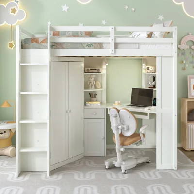 Twin Size Loft Bed with Integrated Large Wardrobe and Desk, All-in-One Space-Saving High Bed with Pull-out Keyboard Tray, Charging Station and Dual Me | Wayfair North America