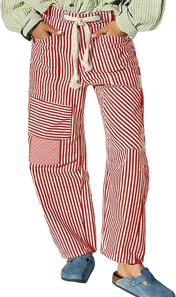 Baggy Barrel Jeans for Women Y2k Striped Drawstring High Waist Straight Wide Leg Boyfriend Jeans ... | Amazon (US)