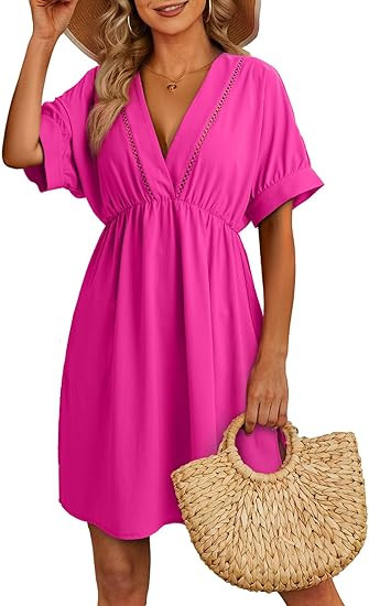 Dokotoo Swimsuit Coverup for Women Hollow Out V Neck Short Sleeve Bathing Suit Bikini Beach Cover... | Amazon (US)