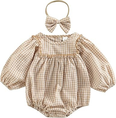 Douhoow Infant Baby Girl Plaid Romper Baby Sweatshirt Romper Ruffle Festival Clothes Fall Winter ... | Amazon (US)