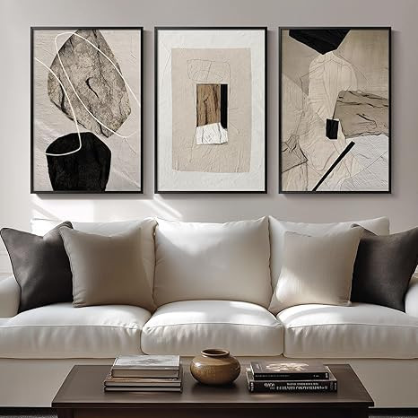 Large Framed Abstract Neutral Wall Art for Living Room, 3 Piece Beige and Black Canvas Artwork Co... | Amazon (US)