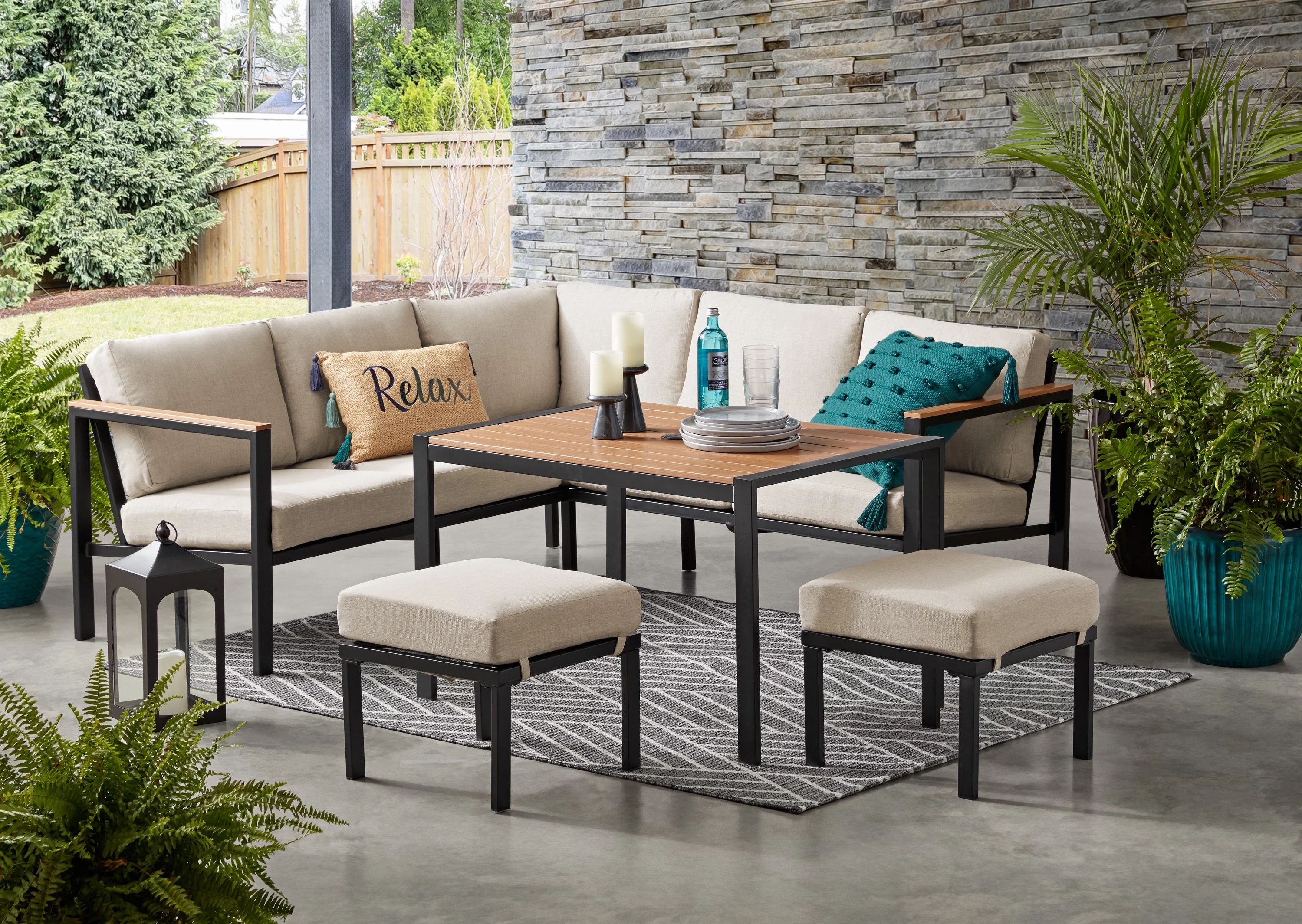 Mainstays Oakleigh 4-Piece Outdoor Patio Sectional Dining Set, Seats 6, with Olefin Cushions, Bei... | Walmart (US)