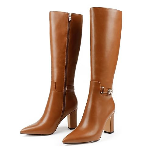 JOY IN LOVE Women's Knee High Boots High Block Heel Pointy Toe Zipper Boots Brown US 6.5 | Amazon (US)