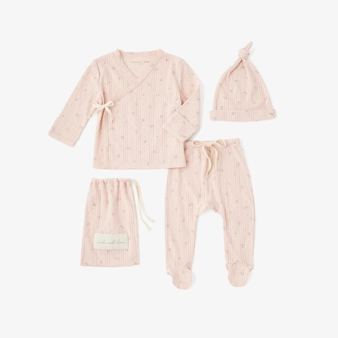 Blush Floral Organic Cotton Pointelle Layette 3 Pc Gift Set | Elegant Baby