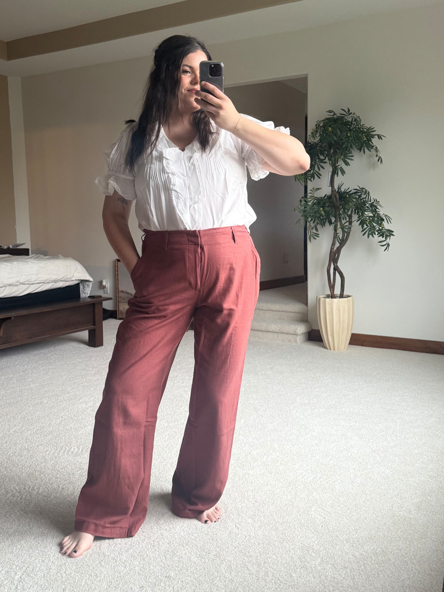 The cutest work outfit/office outfit! These linen trousers are actually part of a two piece set, wearing size 16 to accommodate the bump in their perfection, more of a midrise fit. Also really loving the detail on this white top, the puff sleeves are absolutely adorable  

#LTKMidsize #LTKFindsUnder50 #LTKWorkwear
