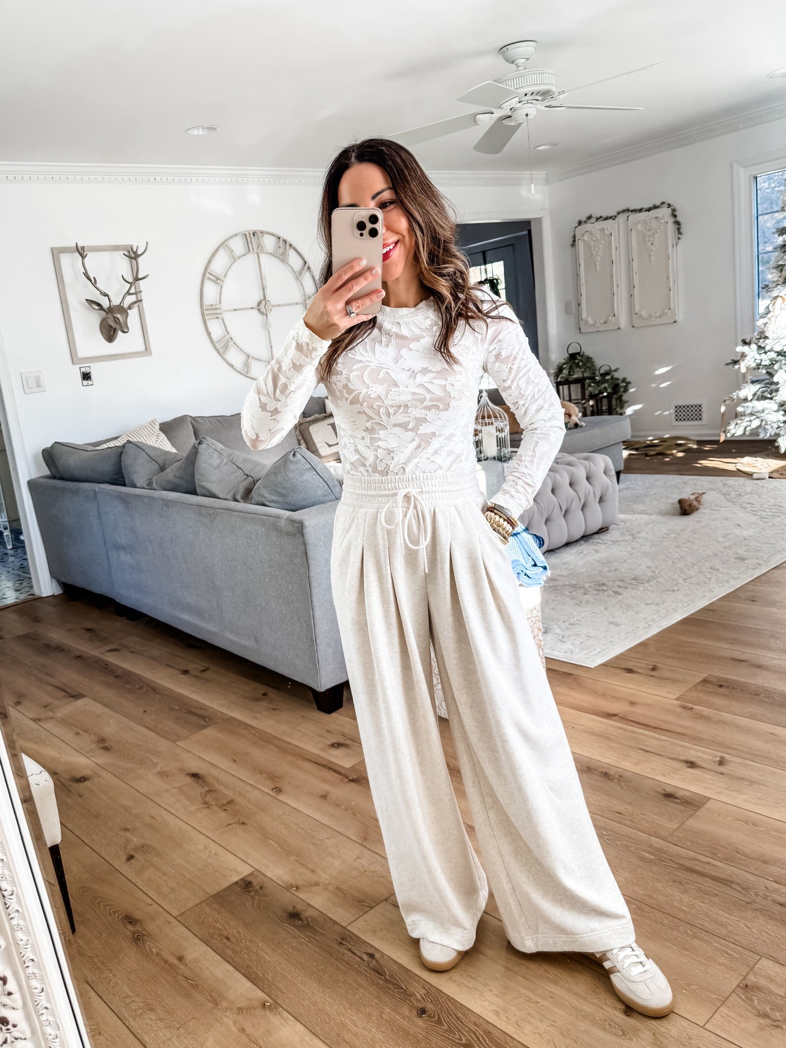 Small lace top, XS petite wide leg sweatpants, sneakers size down

#LTKFindsUnder50 #LTKSaleAlert #LTKPetite