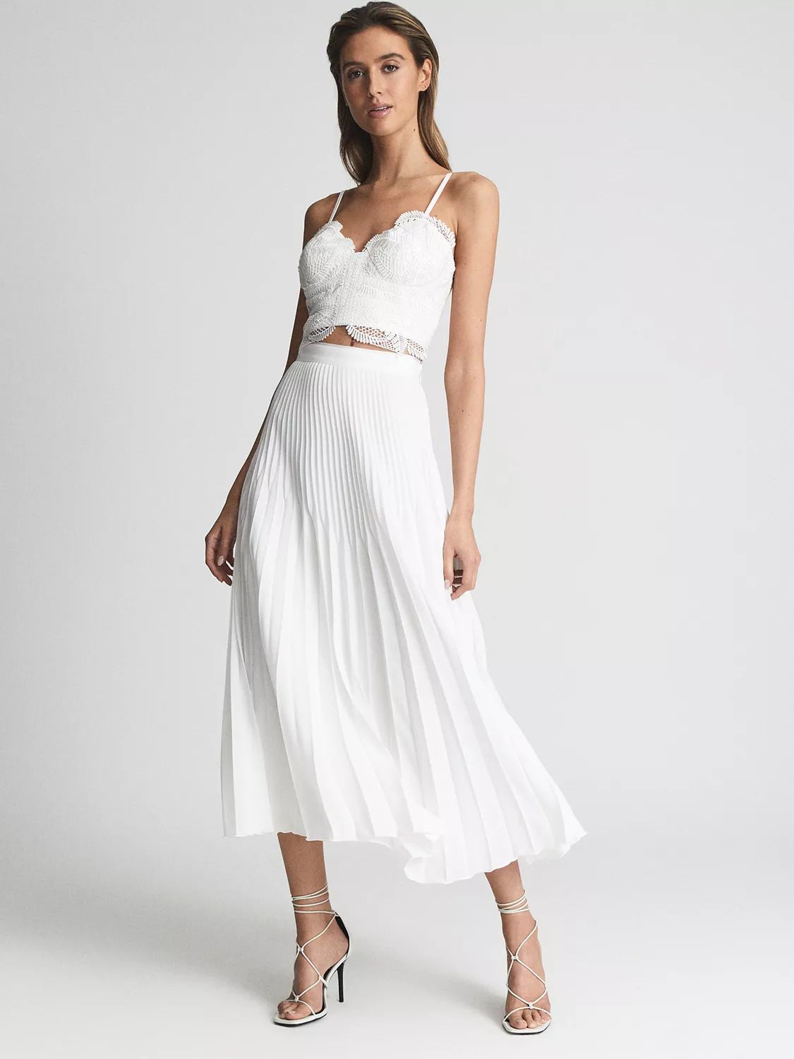 Reiss Dora Pleated A-Line Midi Skirt, White | John Lewis (UK)