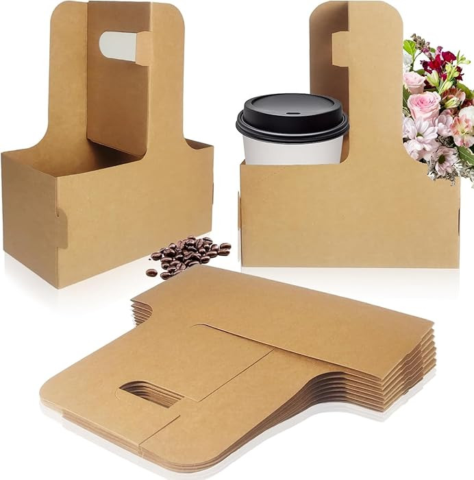 2 Cup Disposable Drink Carrier with Handle, Brown Cardboard Coffee Cup Holder, Cup Carriers for D... | Amazon (US)