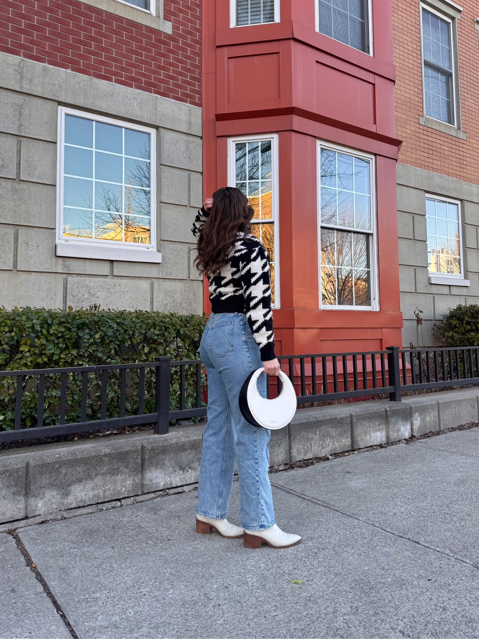 Loving relaxed fit denim for winter outfits! Also paired with a houndstooth quarter zip and my top handle bag from Kate spade! I went for white ankle boots to tie in the white of the purse and sweater  

#LTKSeasonal #LTKFindsUnder100 #LTKStyleTip
