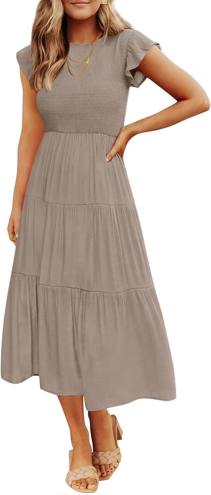 ZESICA Women's 2025 Summer Casual Flutter Short Sleeve Crew Neck Smocked Elastic Waist Tiered Mid... | Amazon (US)