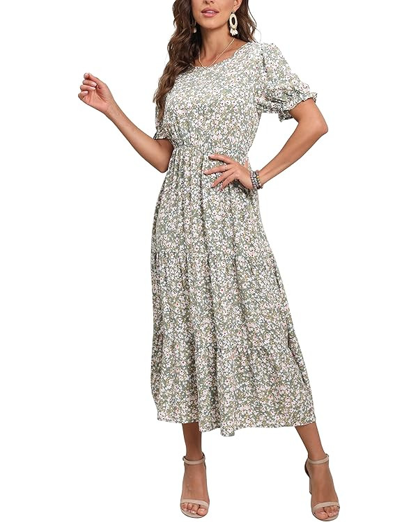 GRECERELLE Women's 2024 Spring Summer Casual Loose Crewneck Boho Dress Ruffle Puff Sleeve High Wa... | Amazon (US)