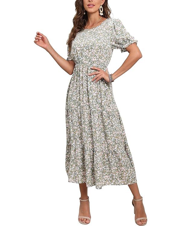GRECERELLE Women's 2024 Spring Summer Casual Loose Crewneck Boho Dress Ruffle Puff Sleeve High Wa... | Amazon (US)