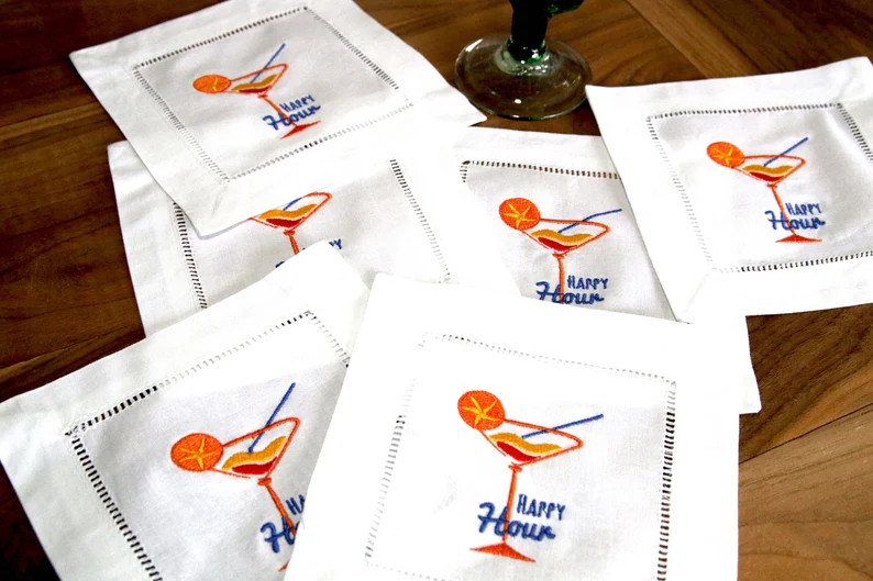 Embroidered Cocktail Napkins, Embroidered Happy Hour Linen Napkins, Cocktail Party Napkins, Set o... | Etsy (US)