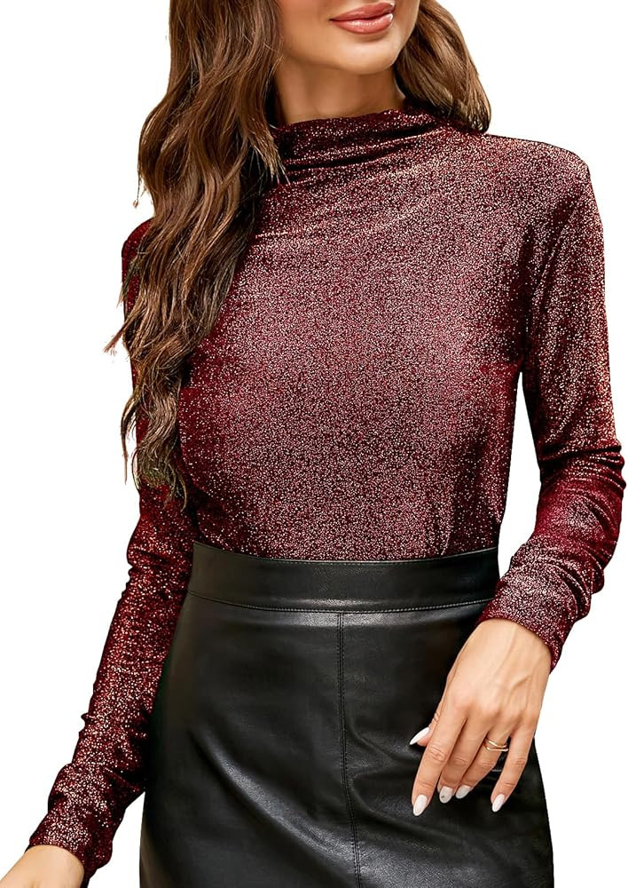 LONGBIDA Women's Slim fit Long Sleeve Turtleneck Glitter Tee Blouse Tops | Amazon (US)