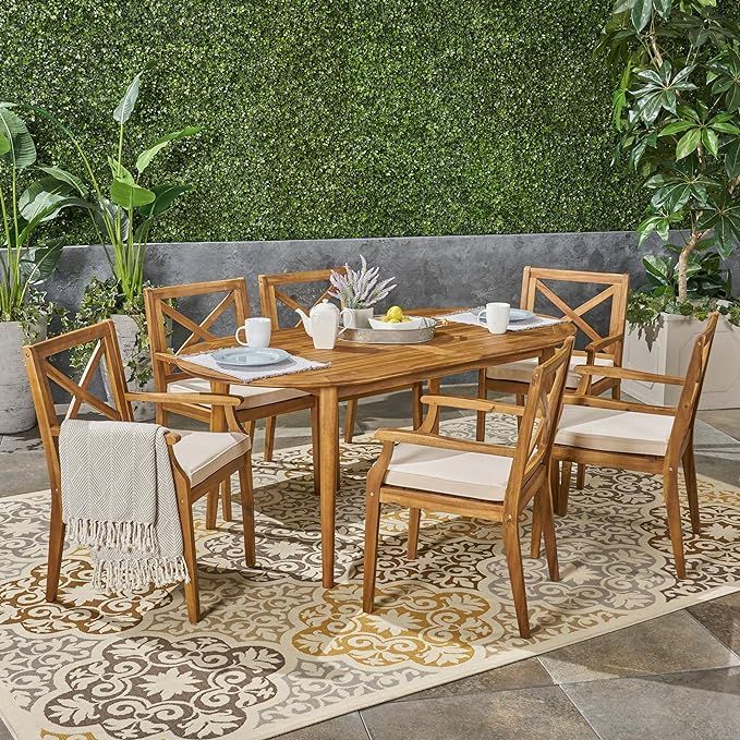 Great Deal Furniture Byrd Outdoor 7 Piece Acacia Wood Dining Set, Teak and Crème | Amazon (US)