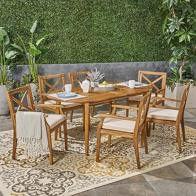 Great Deal Furniture Byrd Outdoor 7 Piece Acacia Wood Dining Set, Teak and Crème | Amazon (US)