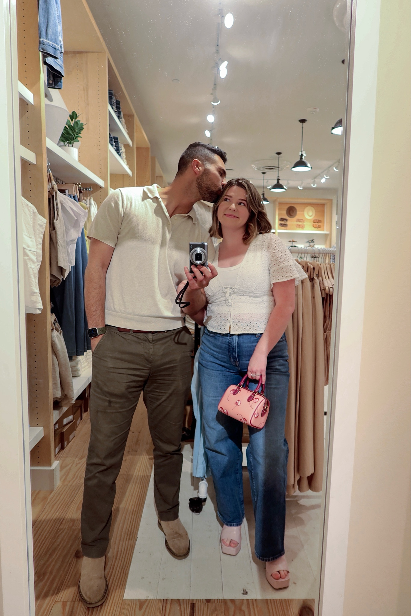 Couples outfit 
Women’s Madewell shirt and jeans 
Coach cherry purse 

Men’s JCrew polo and pants 

#LTKMens #LTKStyleTip