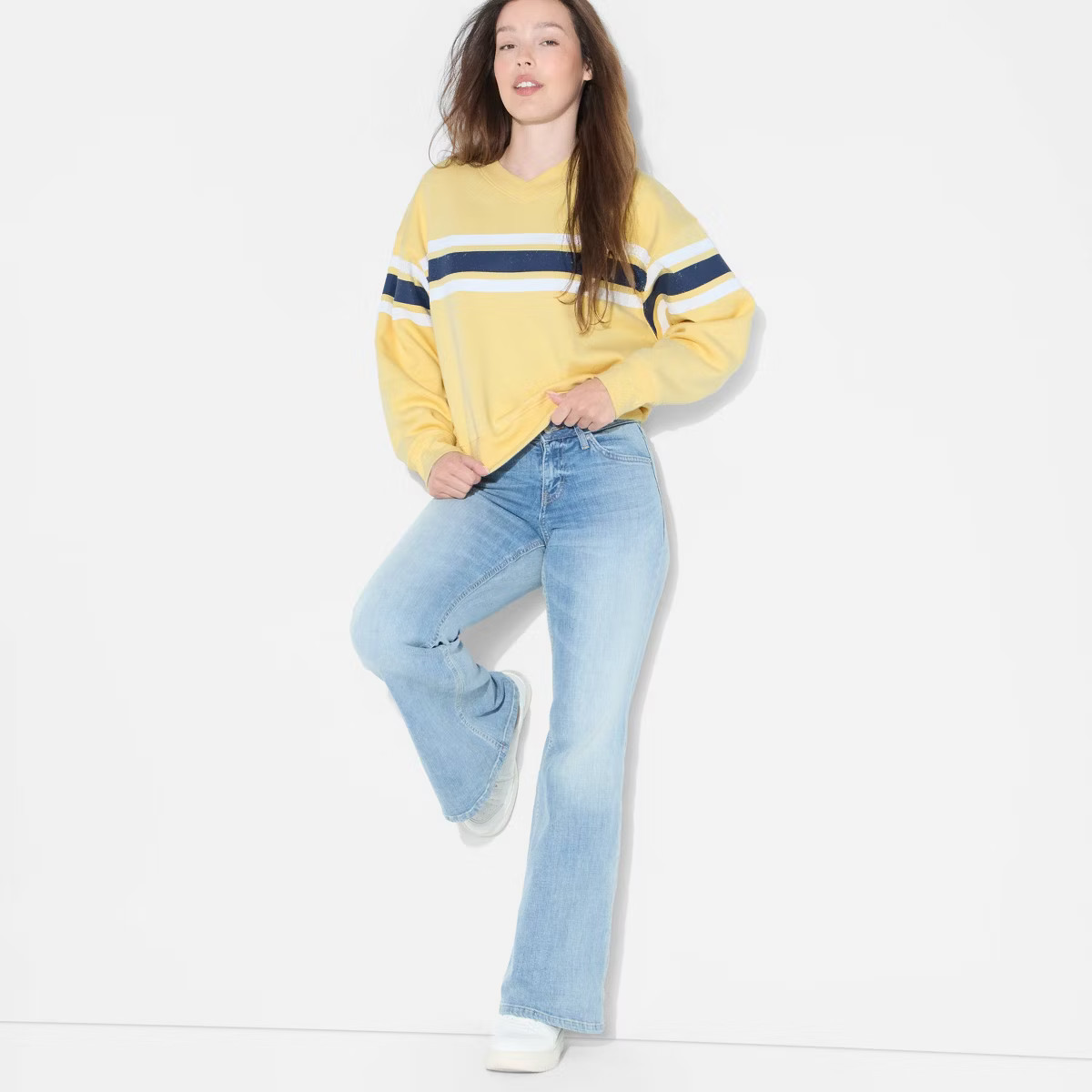 Women's Oversized Pullover Sweatshirt - Wild Fable™ Yellow Rugby Striped S | Target