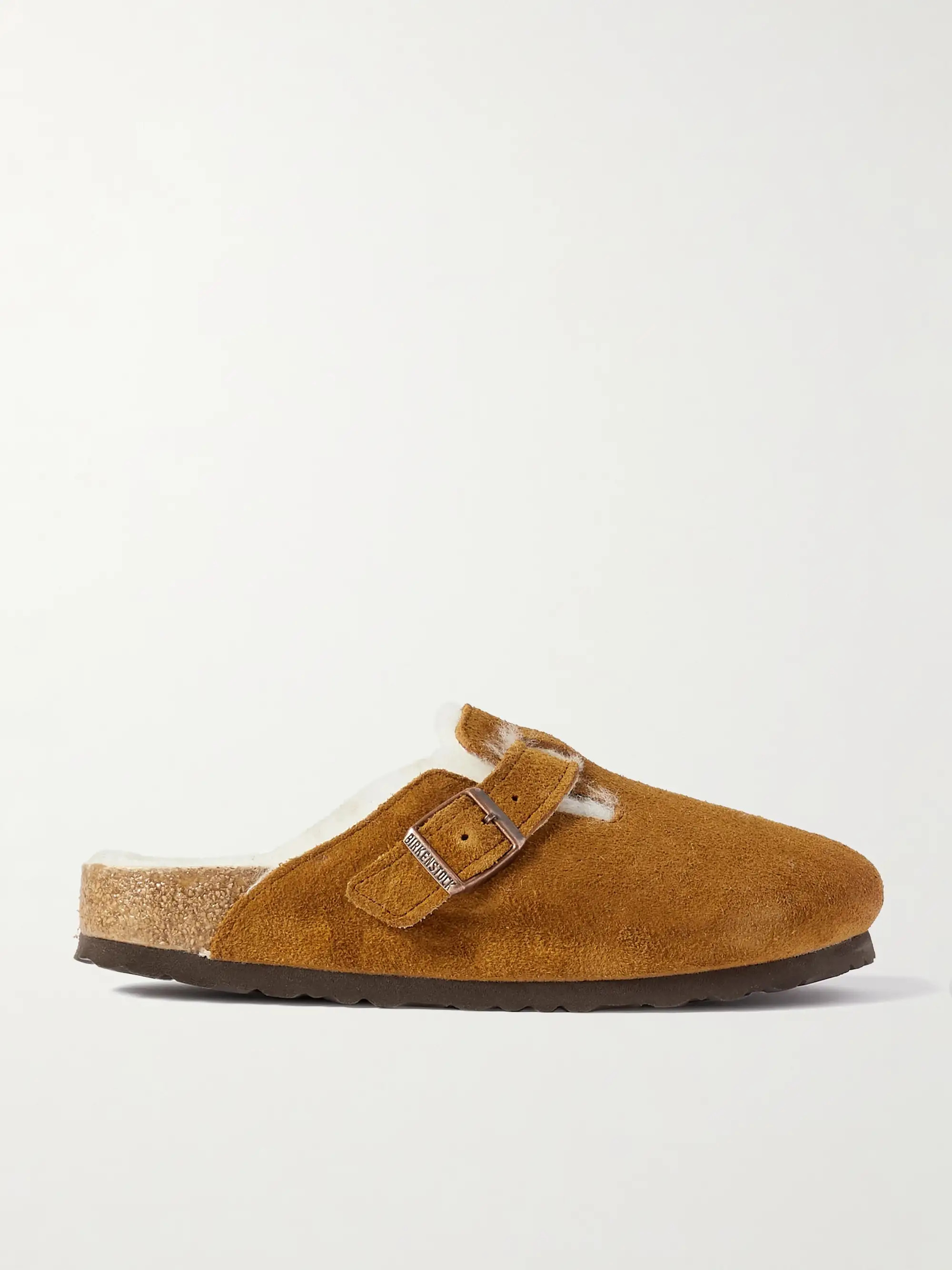 Tan Boston shearling-lined suede slippers | BIRKENSTOCK | NET-A-PORTER | NET-A-PORTER (US)