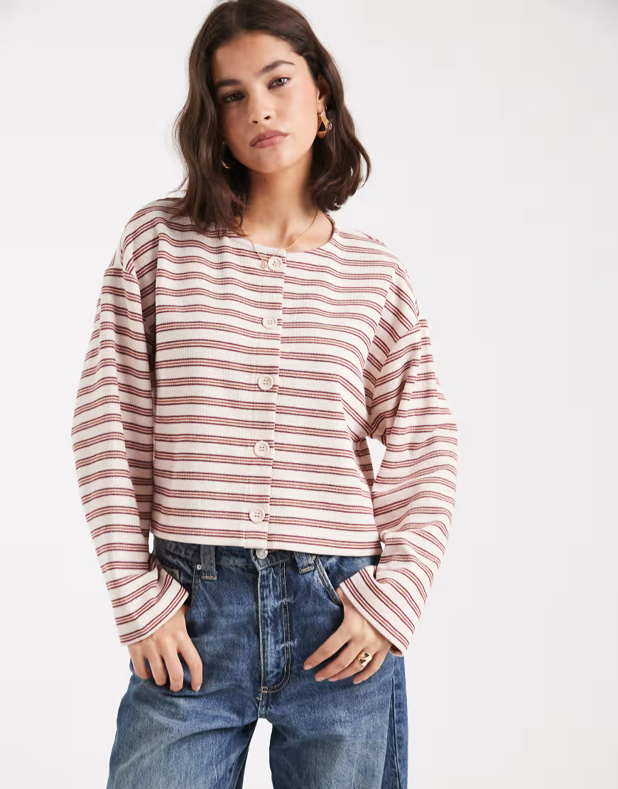 Miss Selfridge ribbed button up long sleeve cardigan in stripe-Multi | ASOS (Global)