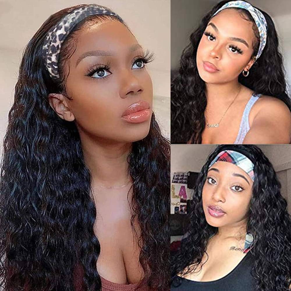Headband Wig Water Wave Human Hair Band Wig 24inch 9A Brazilian Wet and Wavy Human Hair Wigs With... | Amazon (US)