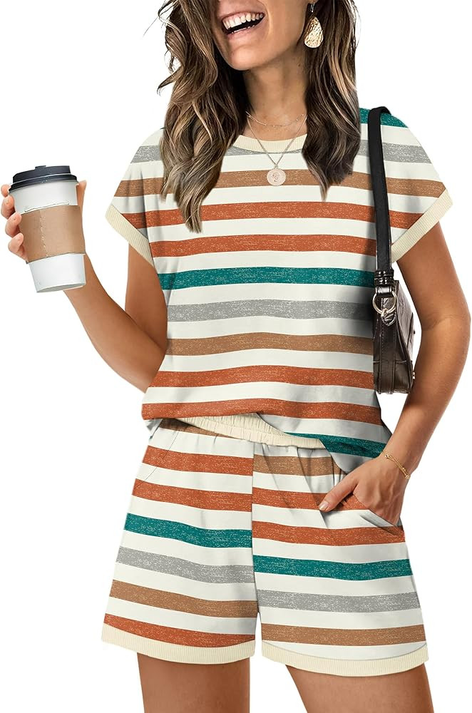 WIHOLL Two Piece Sets for Women Summer Lounge Short Sets Cap Sleeve Crew Neck Sweatsuit with Pock... | Amazon (US)