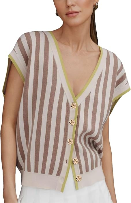 HangNiFang Womens Summer Striped Knit Cardigan Vest V Neck Cap Sleeve Golden Button Sweater Tops | Amazon (US)