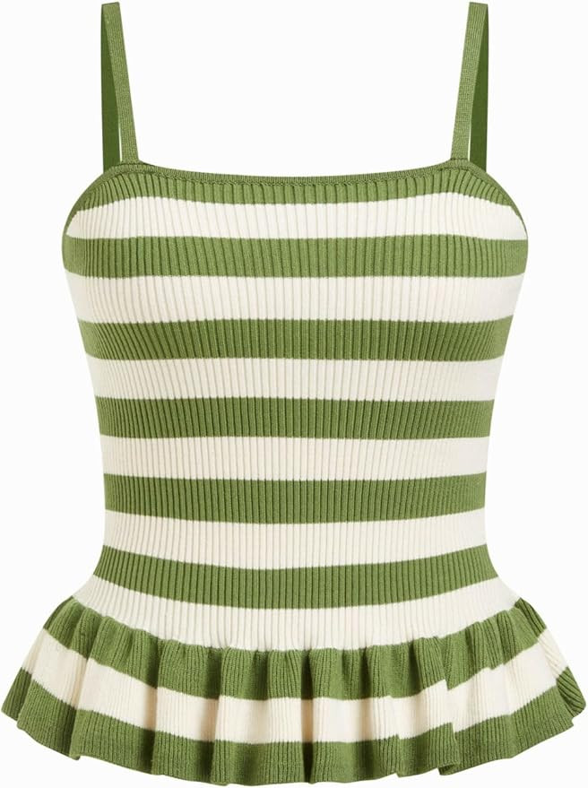 CIDER Striped Crop Tank Tops for Women Sleeveless Square Neck Ruffle Knit Peplum Tops Summer Vaca... | Amazon (US)