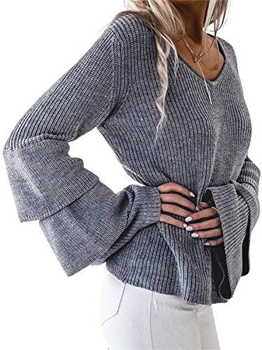 Simplee Women's Winter Warm V Neck Long Sleeve Pullover Sweater with Ruffles | Amazon (US)