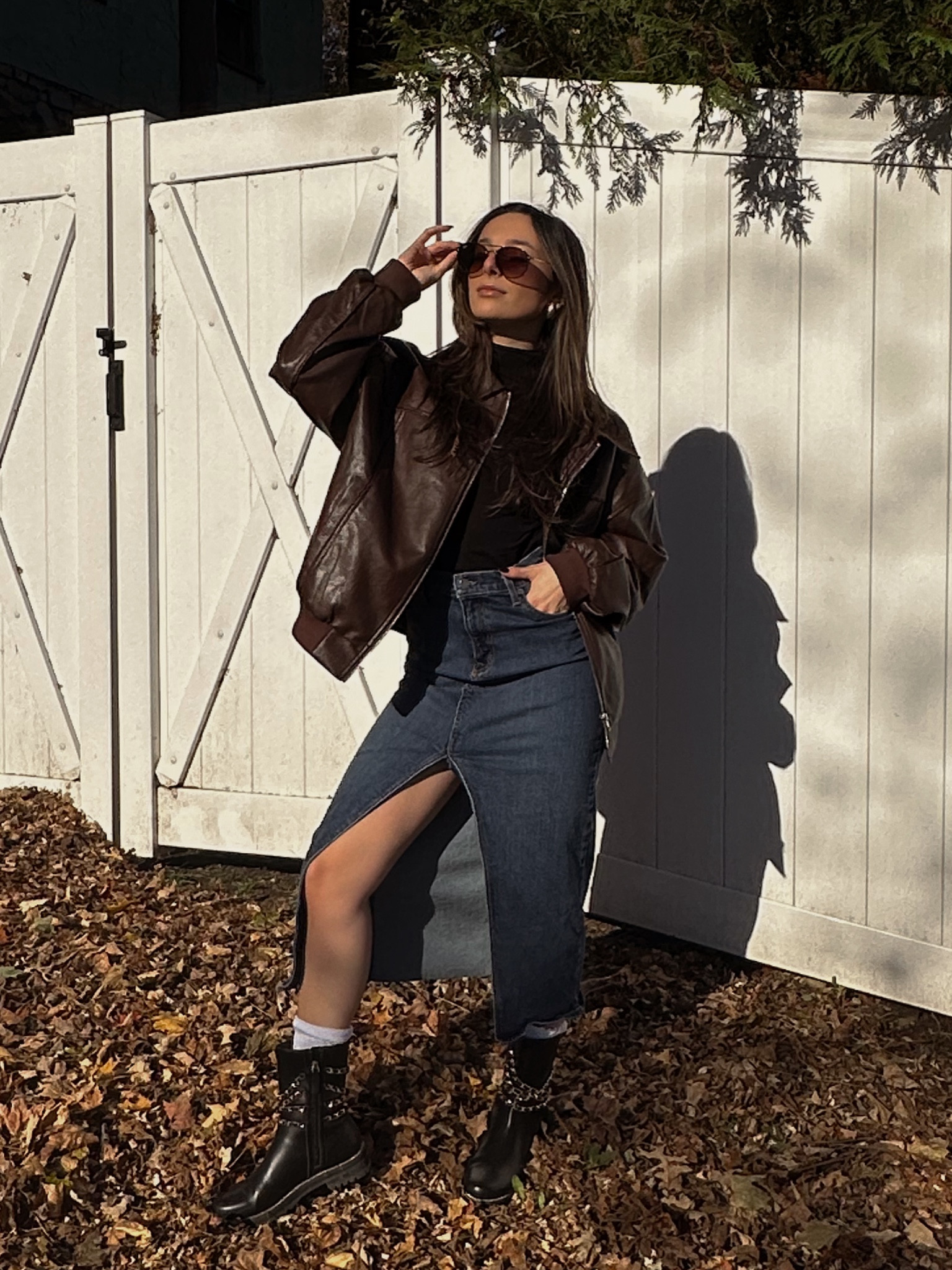 The perfect fall/winter outfit ⬇️

Bomber jacket - Princess Polly 

Turtleneck - clothes by majestic but similar one linked from h&m

Skirt - fidelity denim - brand is modern American

Boots - cecelia New York

Sunnies - rayban

Socks & earrings - amazon 